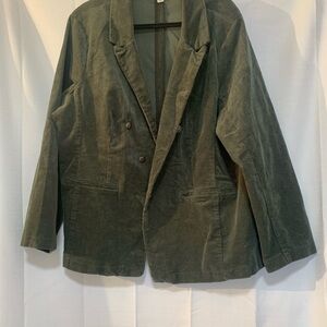 Plus 22-24W, Stylish Olive Green Blazer.Soft Corduroy.Open Front Double Breasted